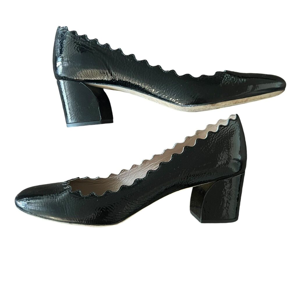 Chloe Black Patent Scalloped Mid Block Heel Pumps